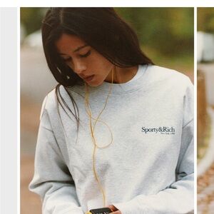 Sporty & Rich Heather Gray Crewneck with Navy Script Logo